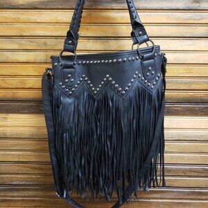 Black Vegan Leather Studded Chevron Fringe Western/Boho Crossbody & Shoulder Bag